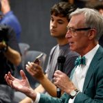 Bill Nye asks Jaylen Brown a question at Celtics Media Day